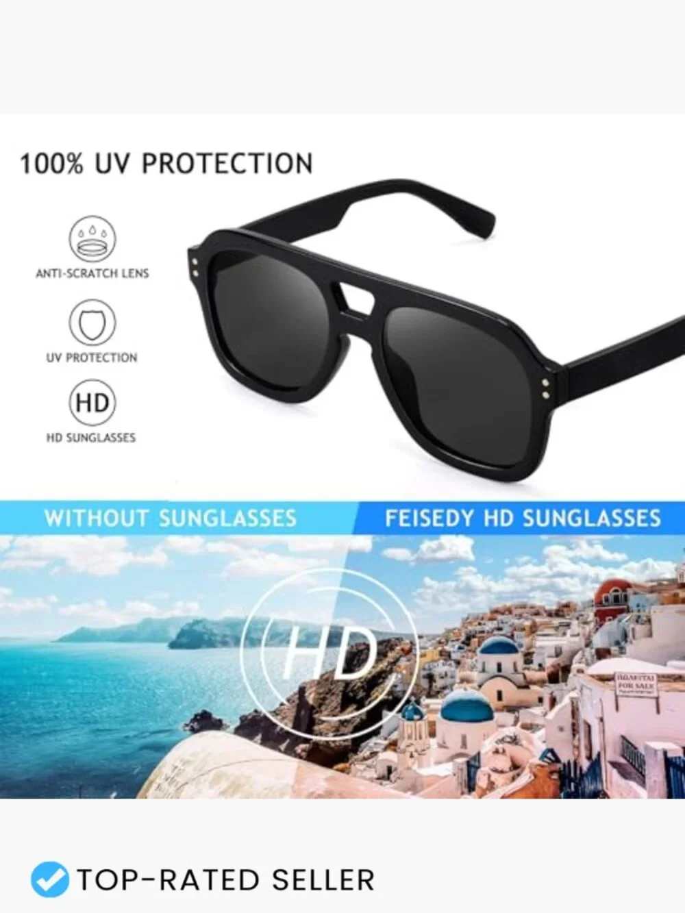 Vintage Aviator Sunglasses Double Bridge Large Square Thick Frame Trendy Eyewear